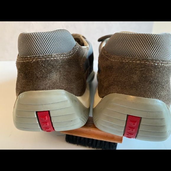 PRADA AMERICAS CUP SNEAKERS OLIVE SUEDE/MESH LOGO TONGUE/HEEL/INSOLE 10.5 EXCELL - Picture 11 of 16